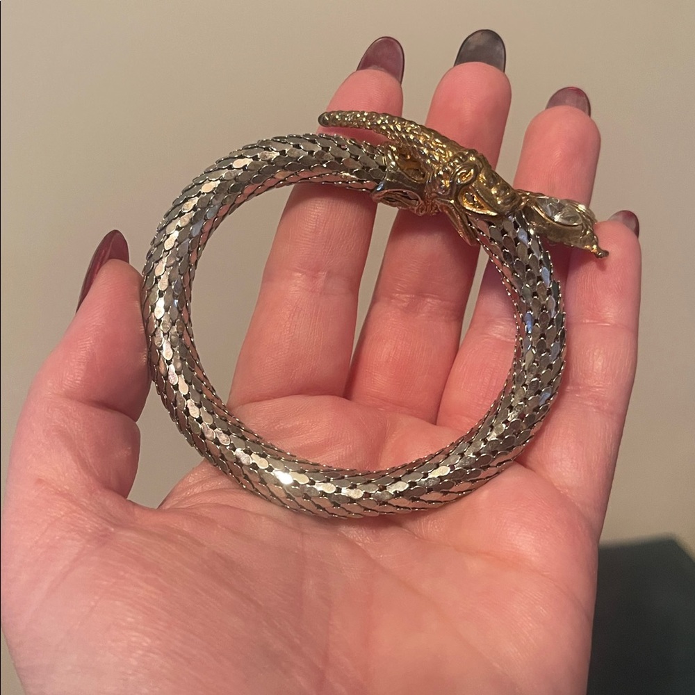 Vintage Gold & Silver Mesh Rhinestone Eye Snake Wrap Bracelet - Picture 6 of 9